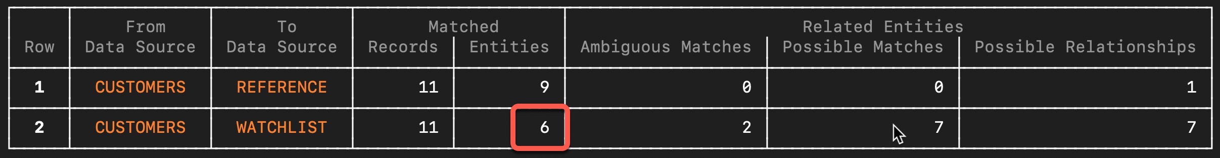 Watch List Matches Screenshot: A Senzing interface showing 6 watch list matches, with color-coded highlights and a clean layout for quick review