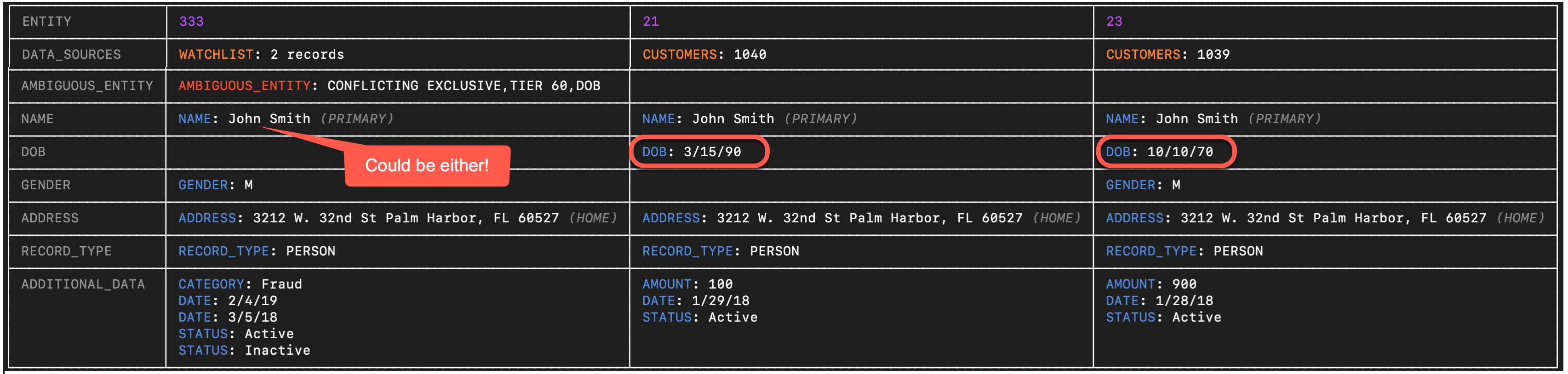 Ambiguous Match Screenshot: A Senzing profile view illustrating an ambiguous match, with callouts showing multiple possible identities