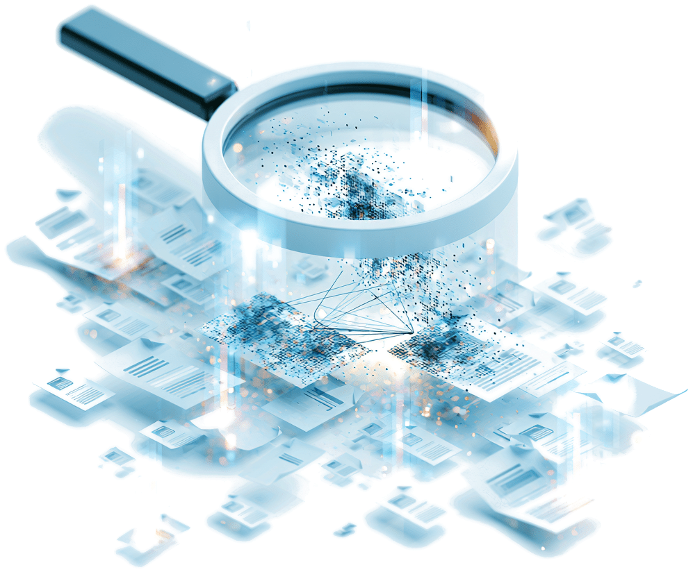 A magnifying glass revealing a hidden link between scattered identity records