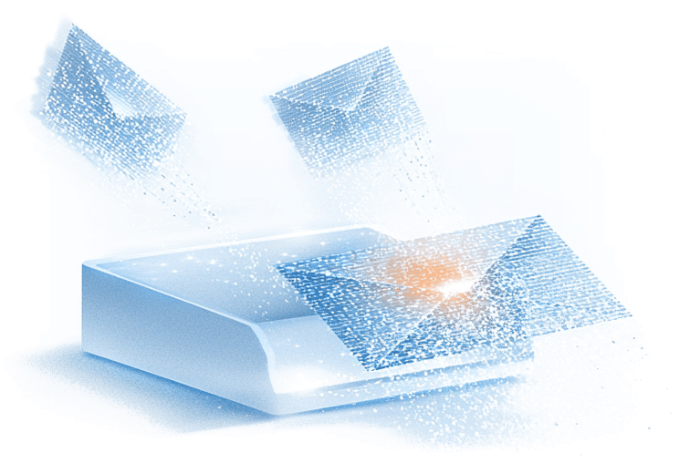 Three separate emails arriving in an inbox tray and merging into a single unified message